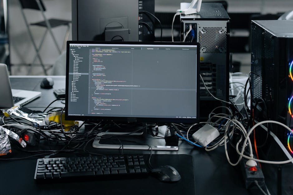 A computer workstation set up on a black desk, featuring a large monitor displaying lines of code on a dark background with colorful syntax highlights. The desk is cluttered with various tangled black